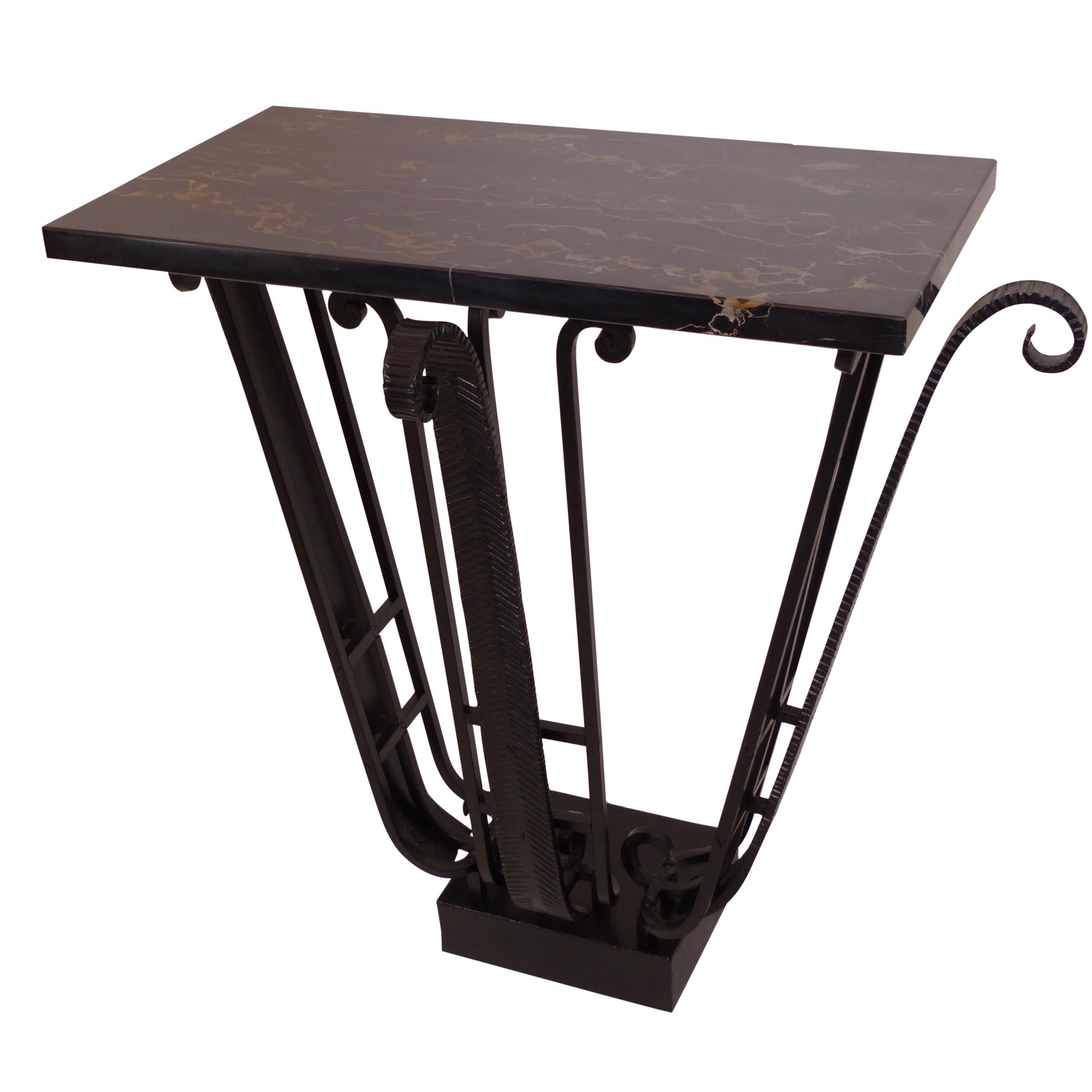 20th Century Black Lacquered Wrought Iron French 1930's Art Deco Console Table with Marble For Sale