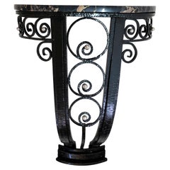 Antique Black Lacquered Wrought Iron French 1930's Art Deco Console Table with Marble