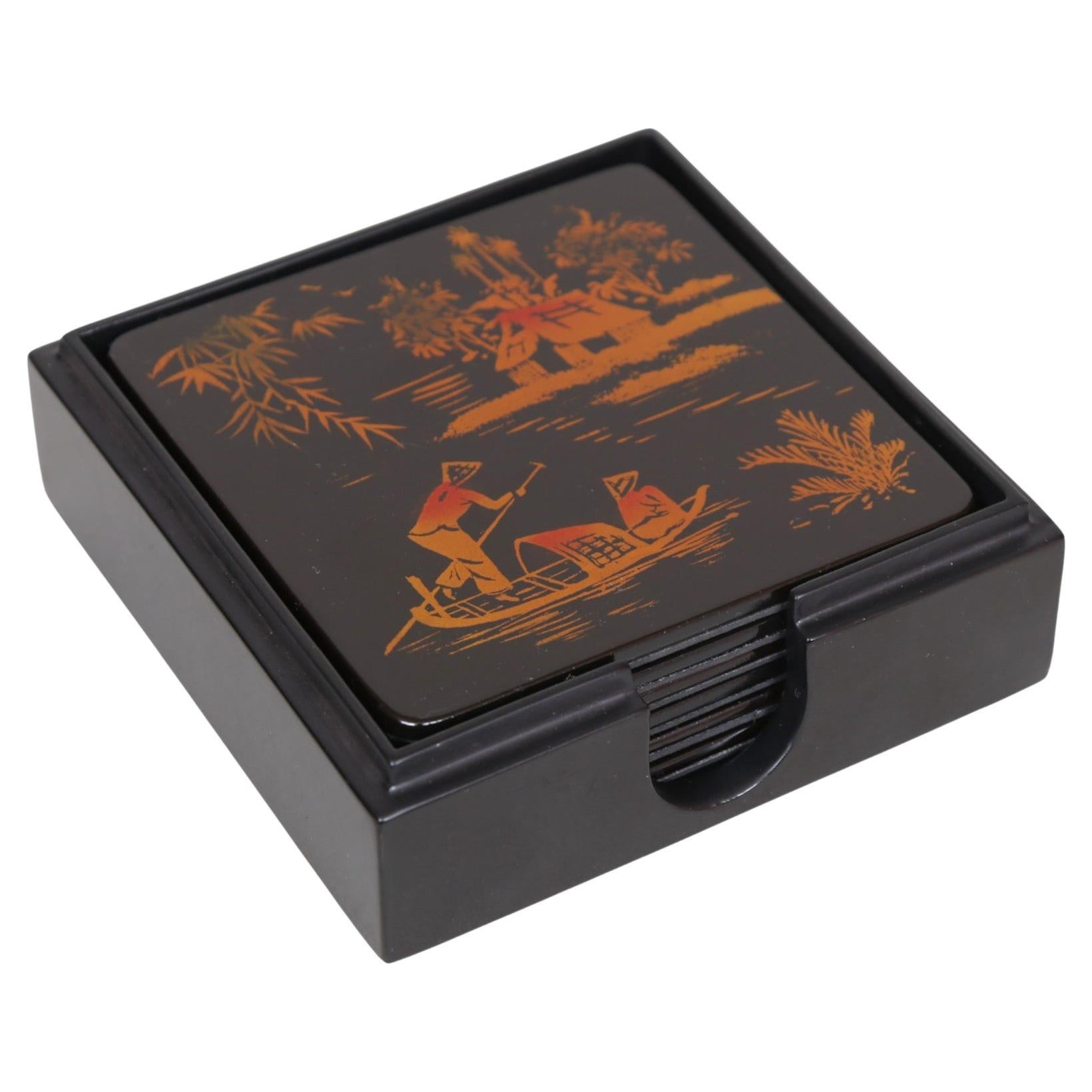 Black Lacquerware Coasters, Set of 6 For Sale