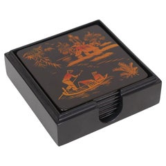 Vintage Black Lacquerware Coasters, Set of 6