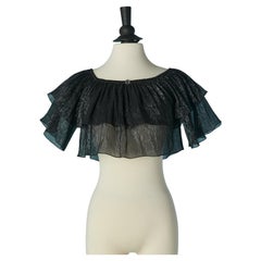 Black lamé short top with branded decorative button and ruffles CHANEL
