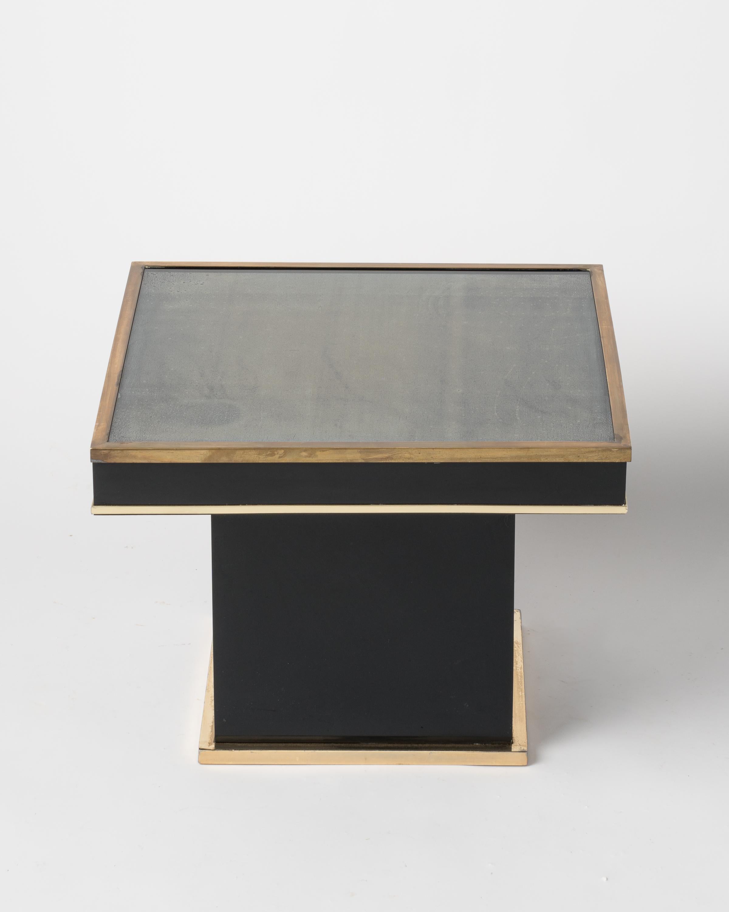 French Black Laminate Brass & Glass Side Table Att. JC Mahey, France, 1980s For Sale