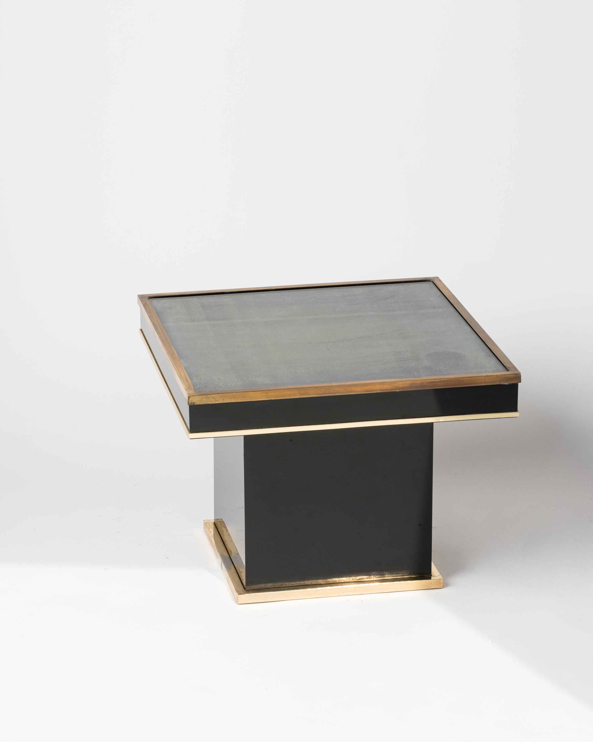 Black Laminate Brass & Glass Side Table Att. JC Mahey, France, 1980s In Good Condition For Sale In New York, NY