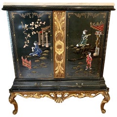 Vintage Black Laquer and Carved Giltwood Chinoiserie Marble Top Cabinet Armoire