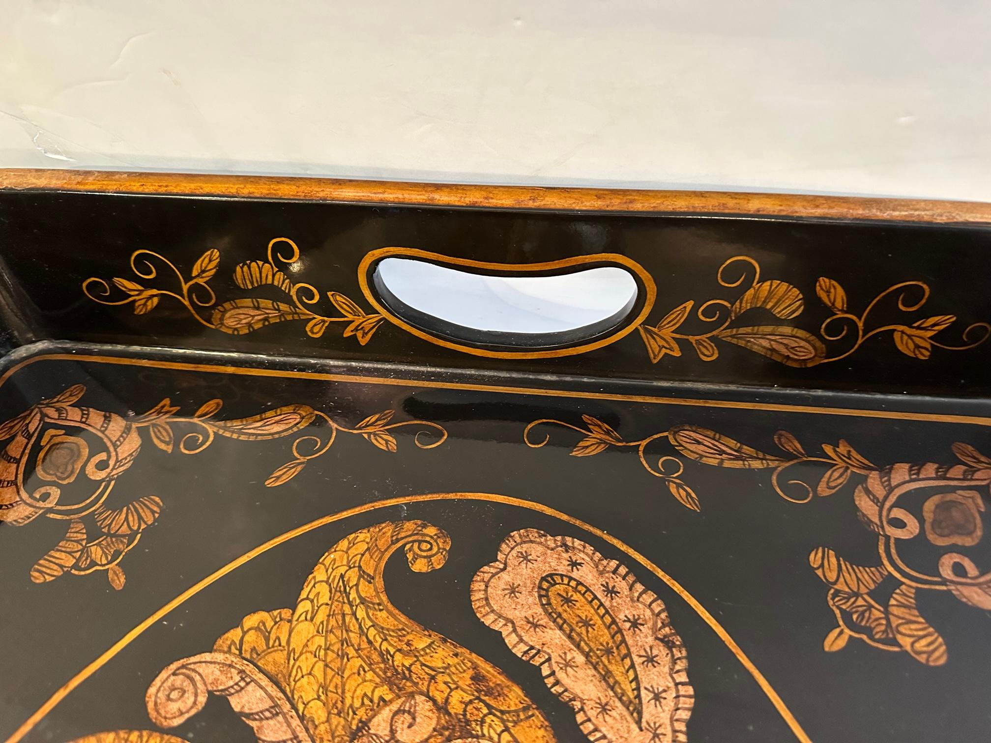 Black Laquer Paisley Decorated Tray Side Table For Sale 6