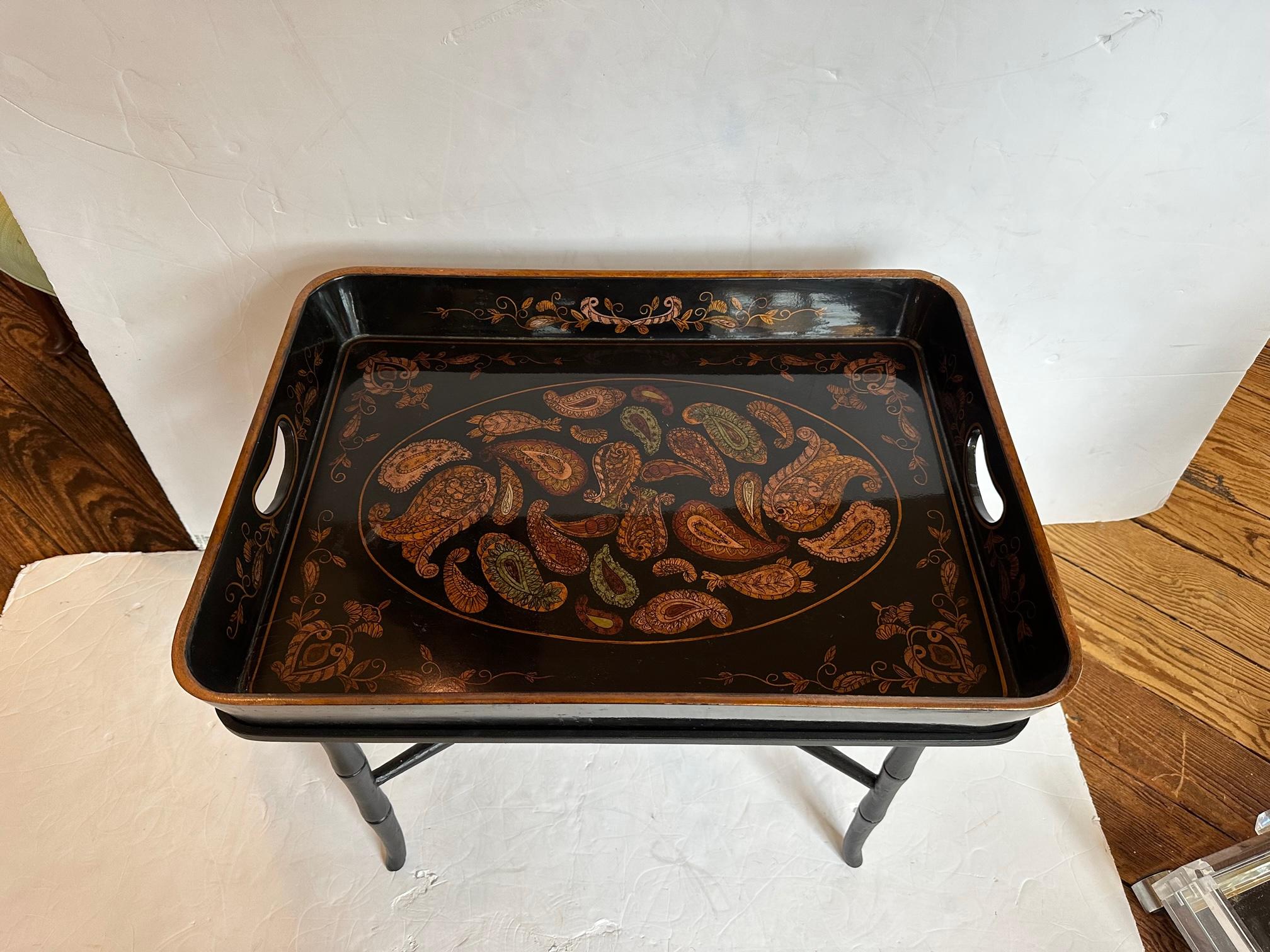 Black Laquer Paisley Decorated Tray Side Table For Sale 7