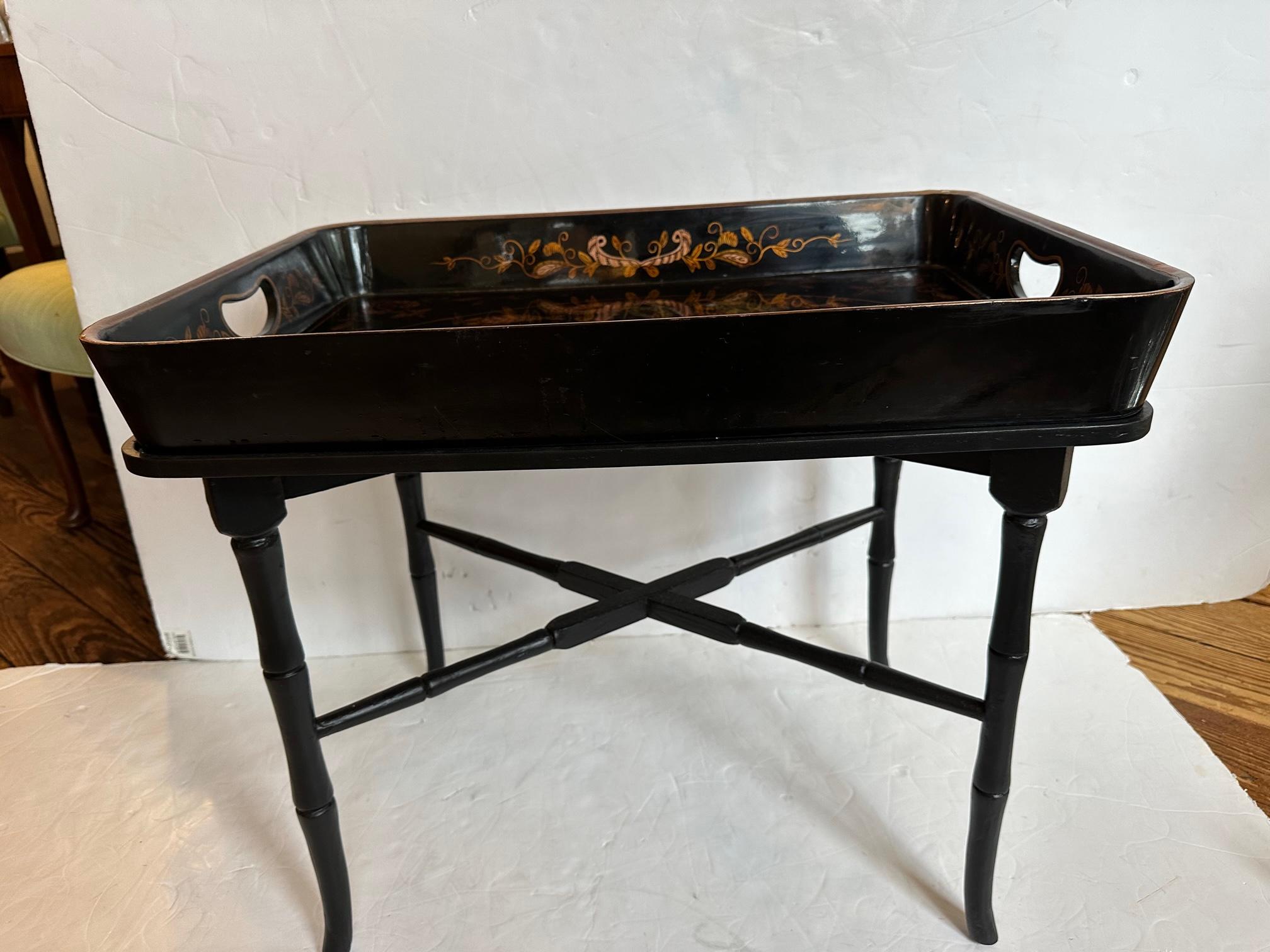 Late 20th Century Black Laquer Paisley Decorated Tray Side Table For Sale