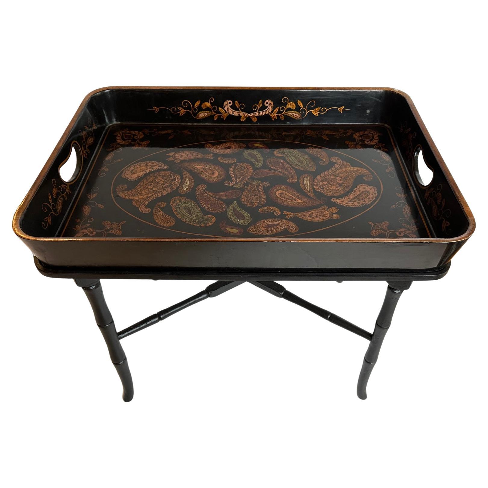 Black Laquer Paisley Decorated Tray Side Table For Sale