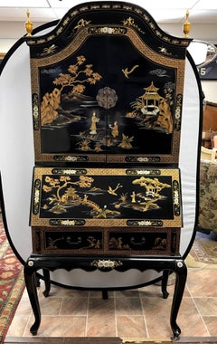 Black Laquered Asian Chinoiserie Secretary Secretaire Desk and Chair