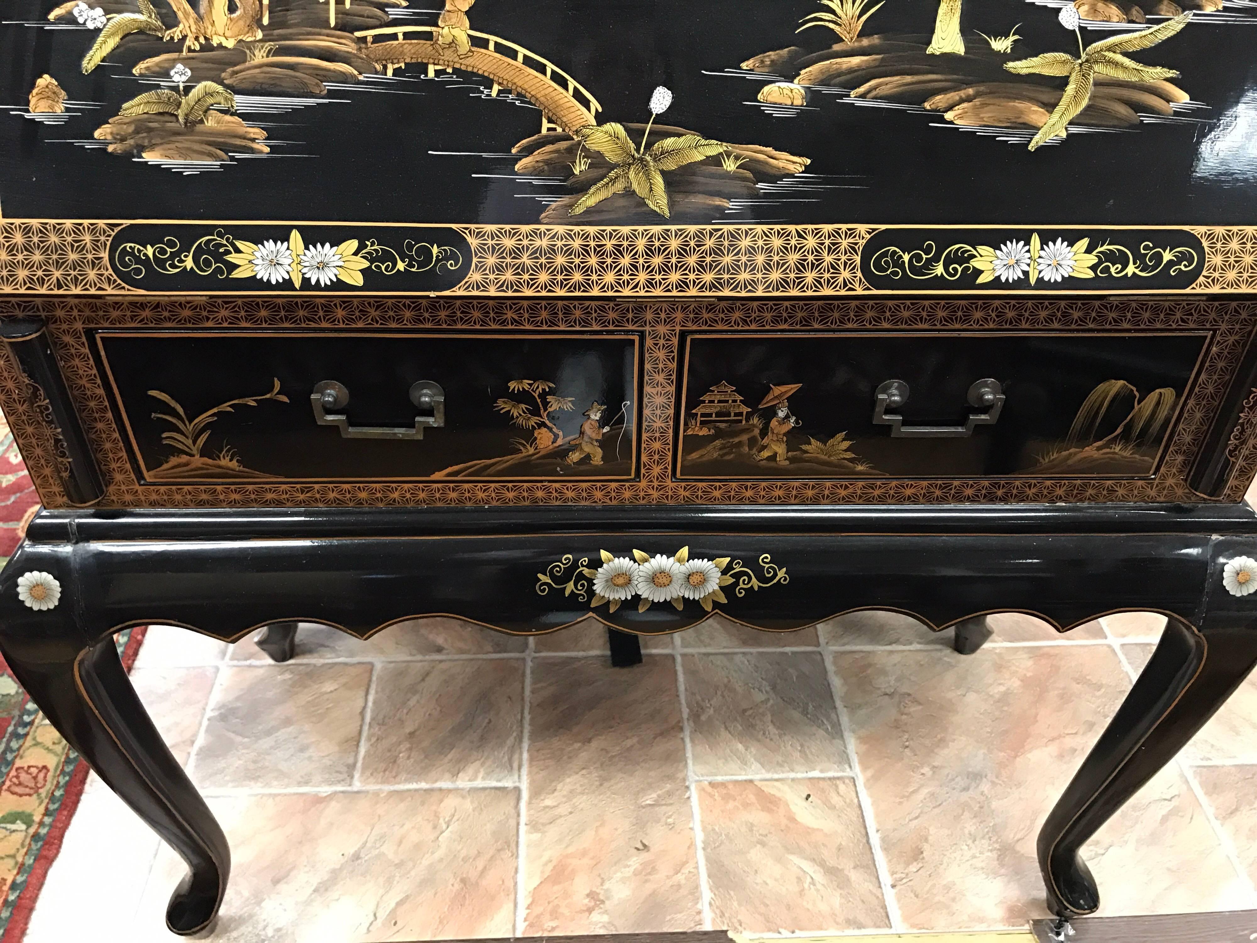 Black Laquered Asian Chinoiserie Secretary Secretaire Desk and Chair In Excellent Condition In West Hartford, CT