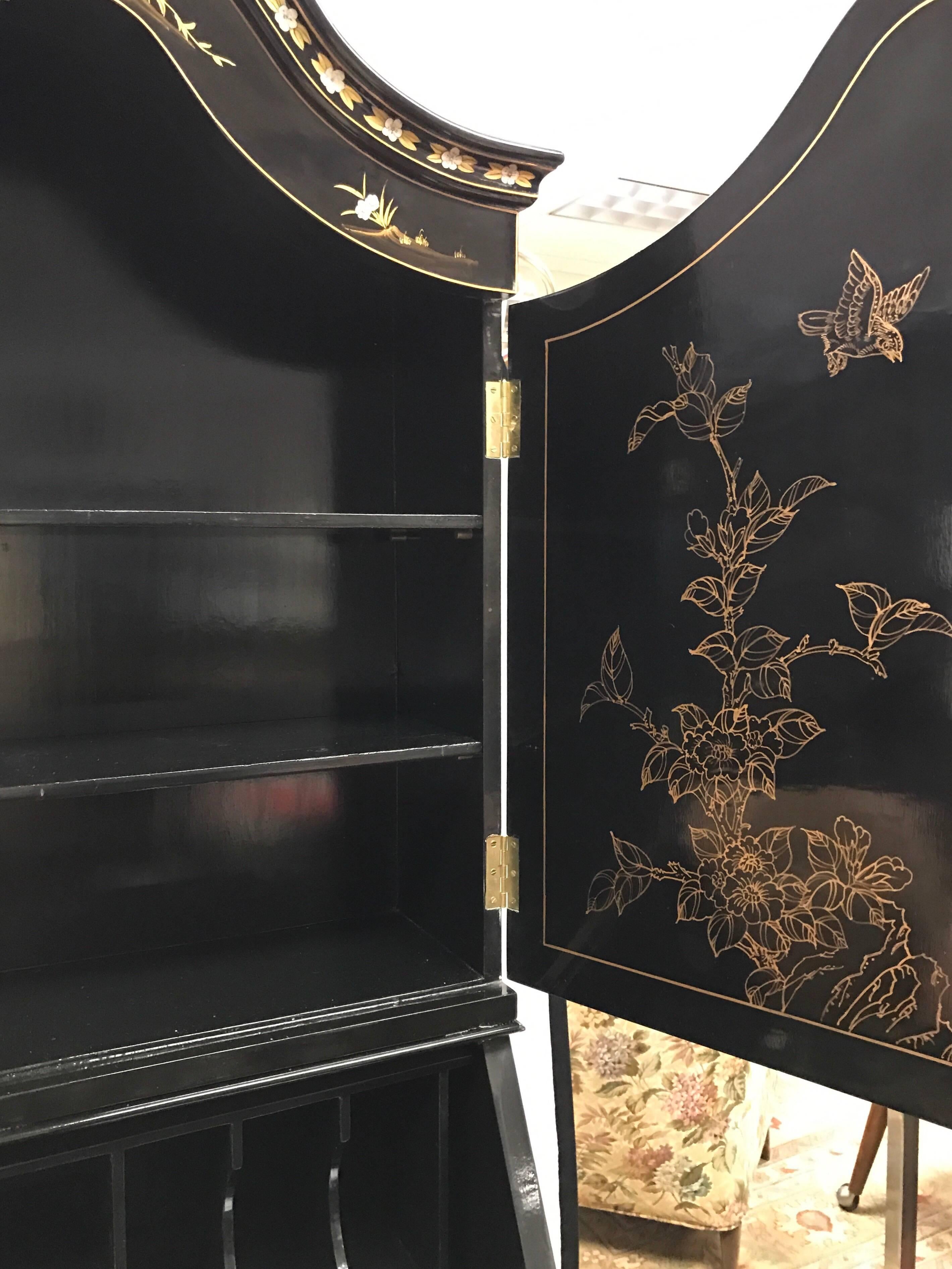 Wood Black Laquered Asian Chinoiserie Secretary Secretaire Desk and Chair