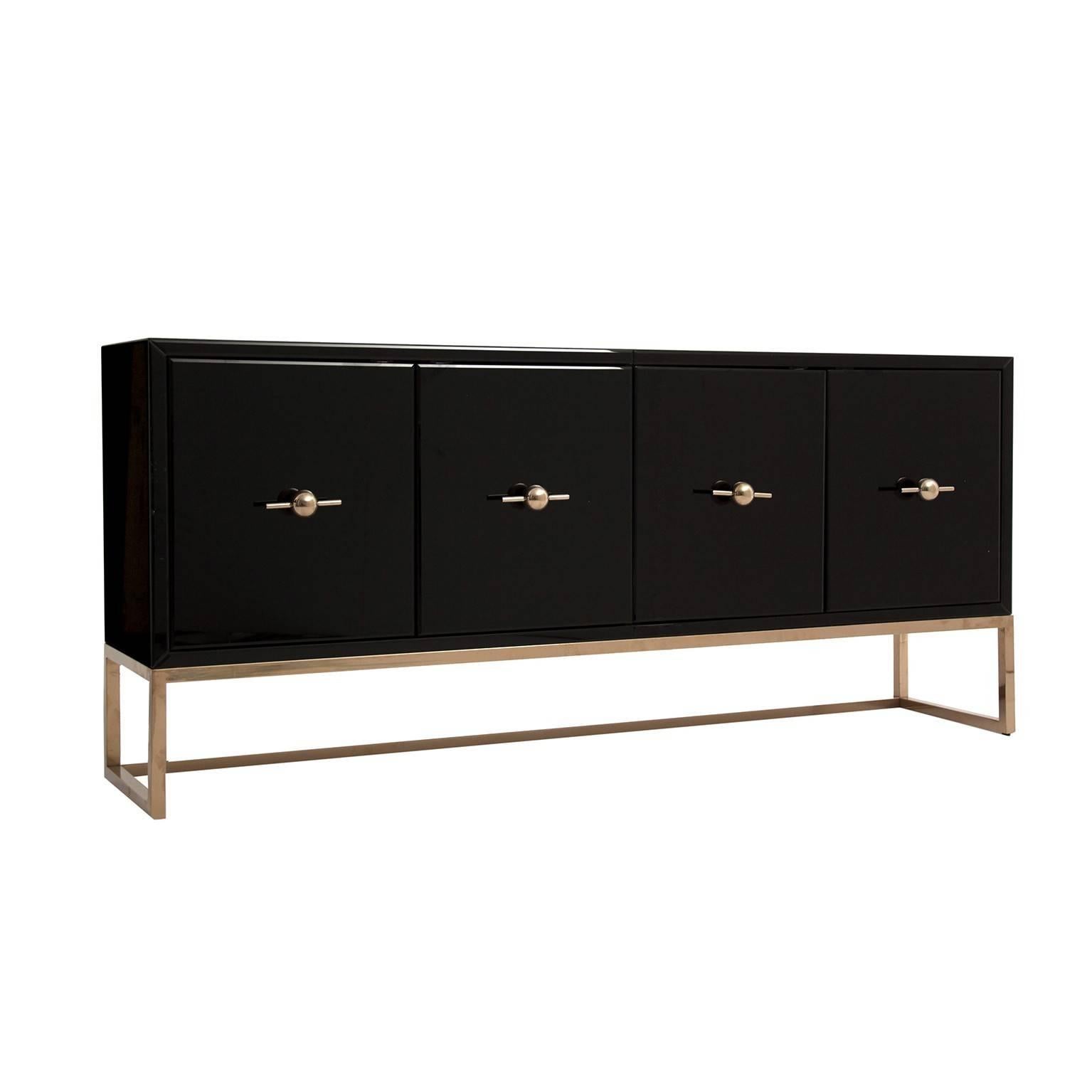 Black lacquered mirror and brass sideboard in Art Deco style. Subtle work of the brass handles and Minimalist lines of the structure. Sleek design for this masterpiece in excellent state!