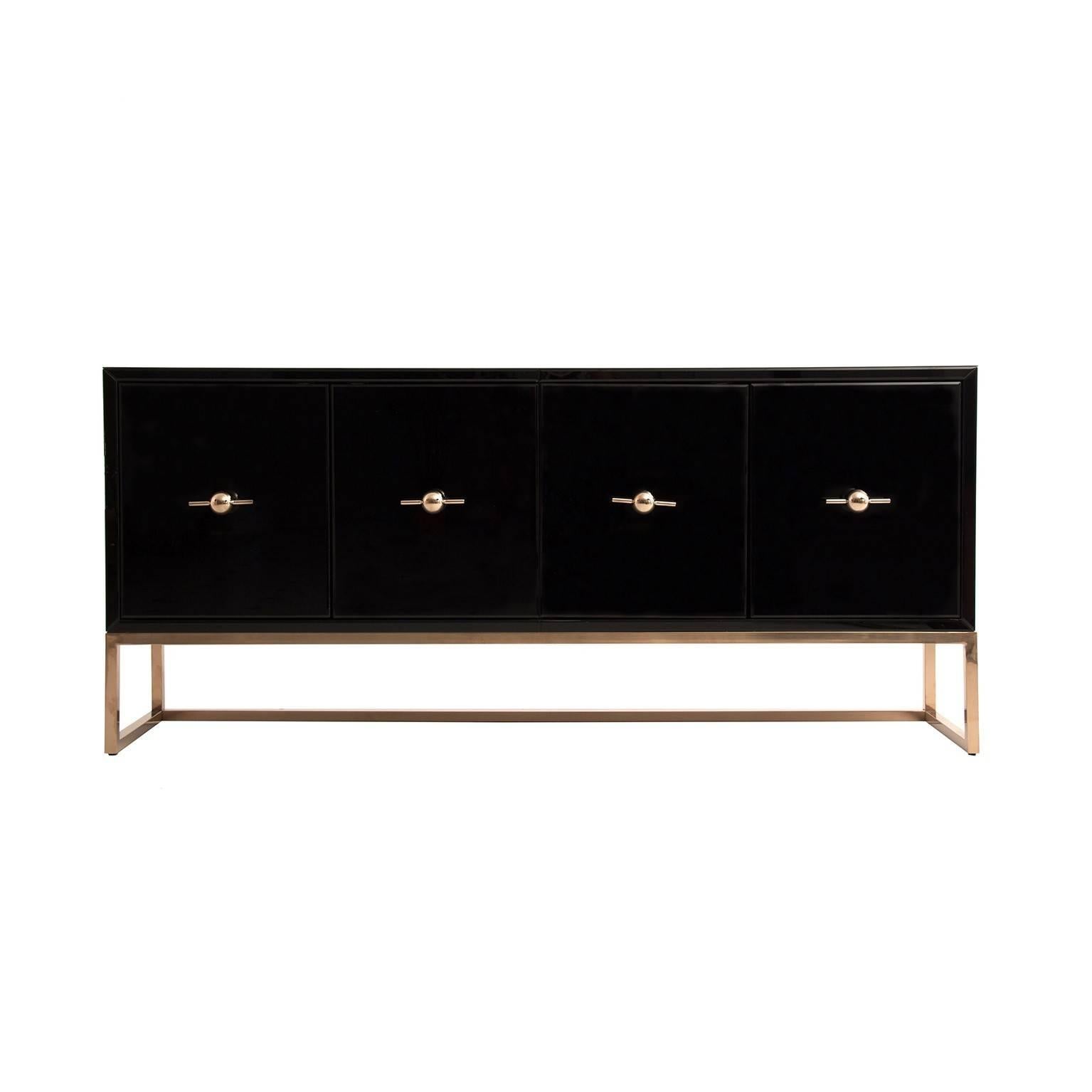 Black Lacquered Mirror and Brass Sideboard