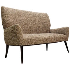 Vintage Black Laquered Wood Legs Sofa, New Upholstery, Italy, 1950s