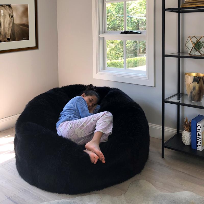 Scandinavian Modern Black Large Sheepskin Bean Bag Cover, Merino Sheepskin, Made in Australia For Sale