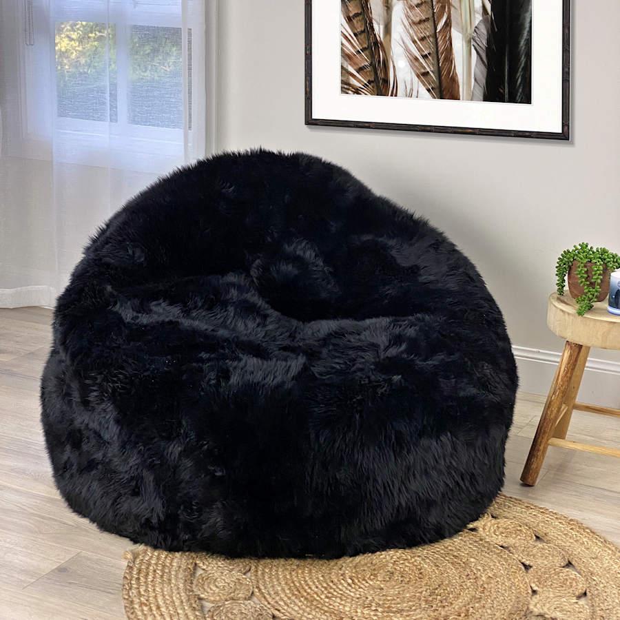 This luxurious black sheepskin bean bag chair cover is the modern must-have decor accent for anyone who wants to live in ultimate comfort. 
Australian, Merino sheepskin is a world-class natural fiber known for its super plush, super dense, and super