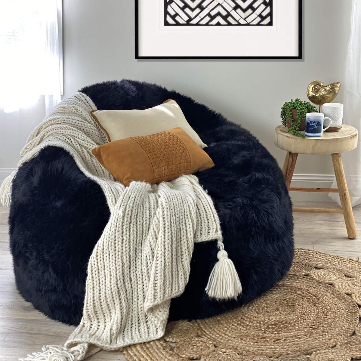 Contemporary Black Large Sheepskin Bean Bag Cover, Merino Sheepskin, Made in Australia For Sale