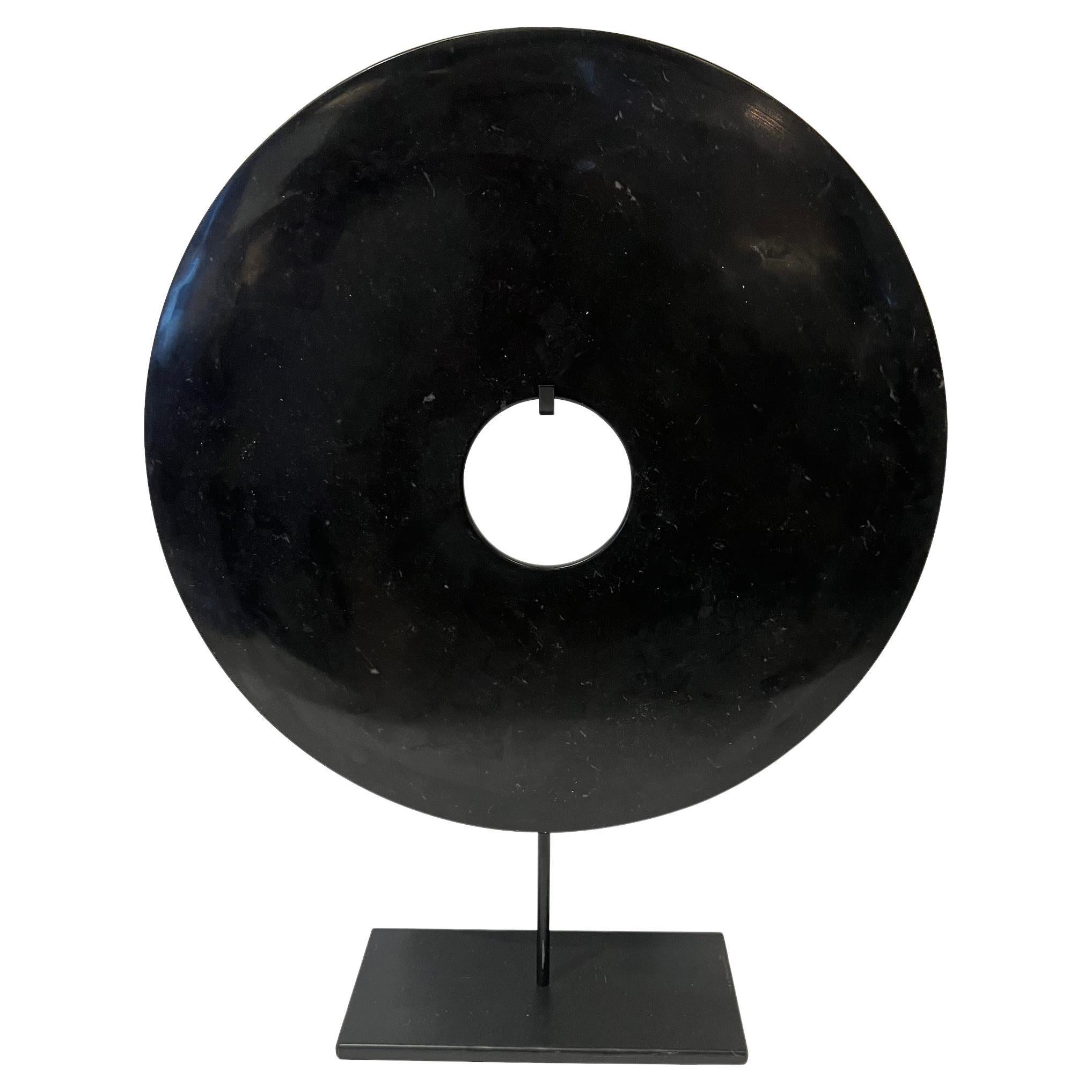 Black Large Single Jade Disc Sculpture, China, Contemporary For Sale
