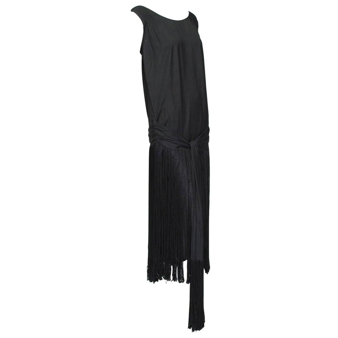 Black *Large Size* Jazz Baby Backless Fringed Wrapping Flapper Dress- M-L, 1920s For Sale