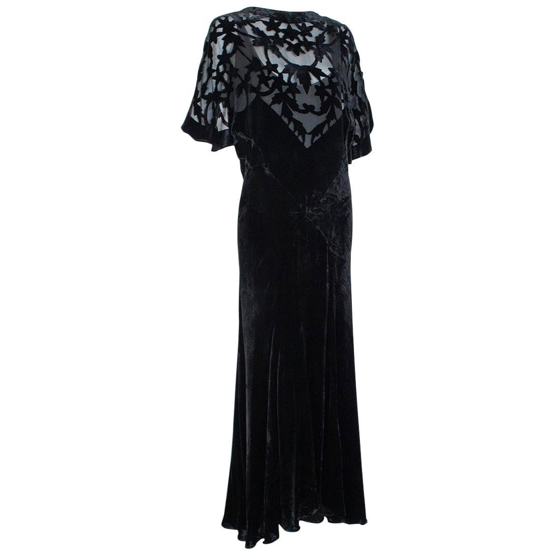Black *Larger Size* Erté-Style Art Deco Burnout Velvet Backless Gown- M-L, 1930s