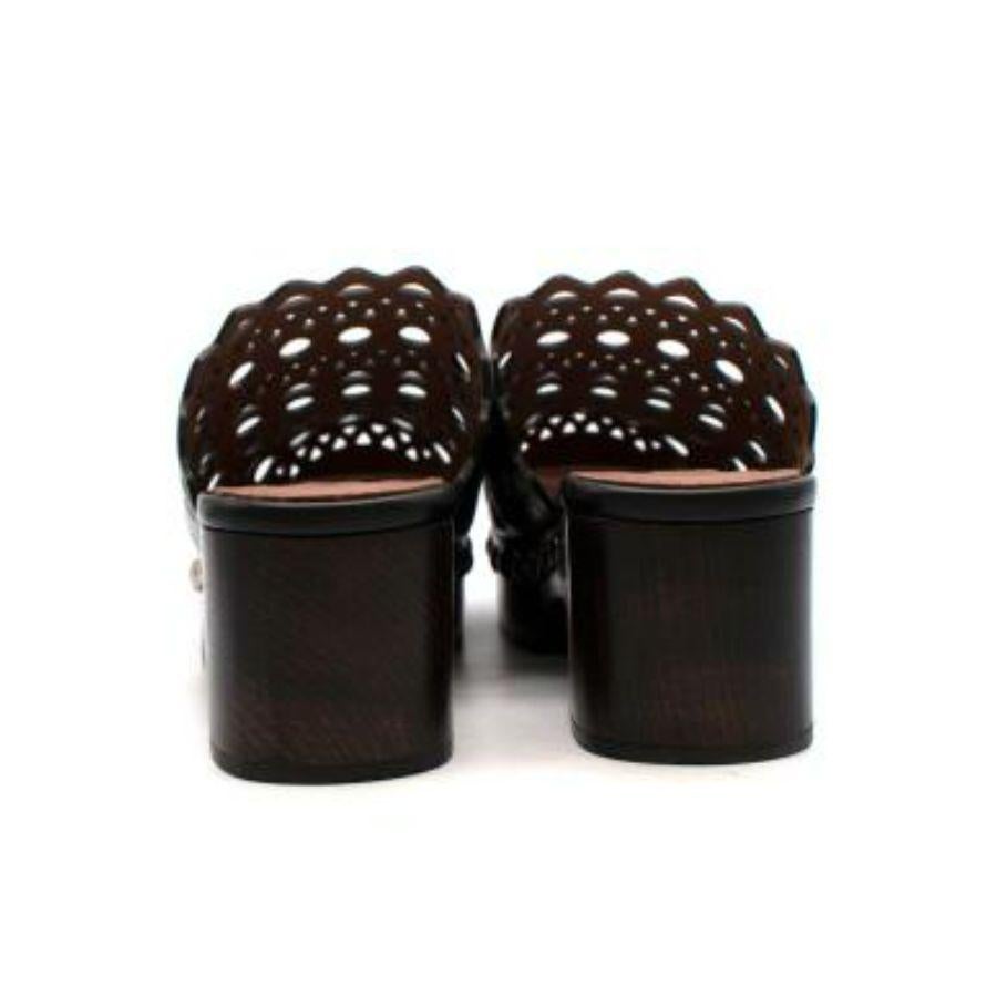 Women's Black Laser Cut Leather & Wood Clogs For Sale