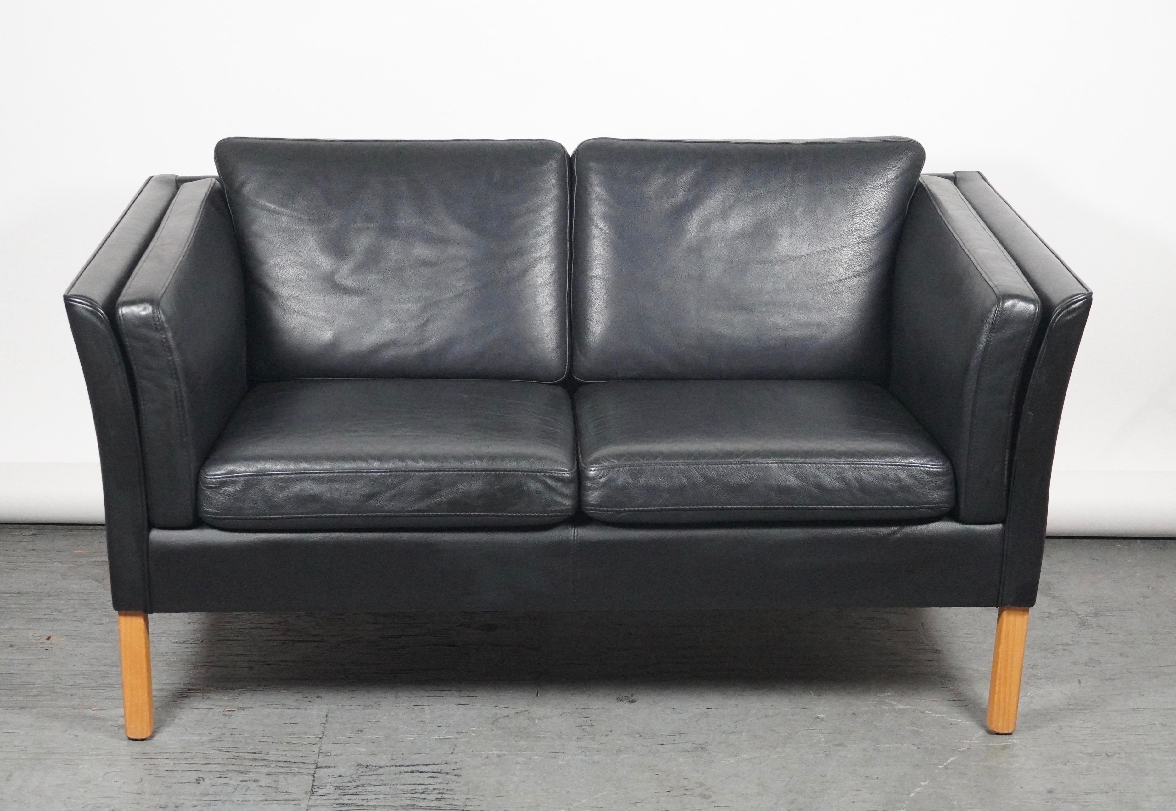 Scandinavian Modern Black Lather Borge Mogensen Style Sofa / Settee by Stouby of Denmark