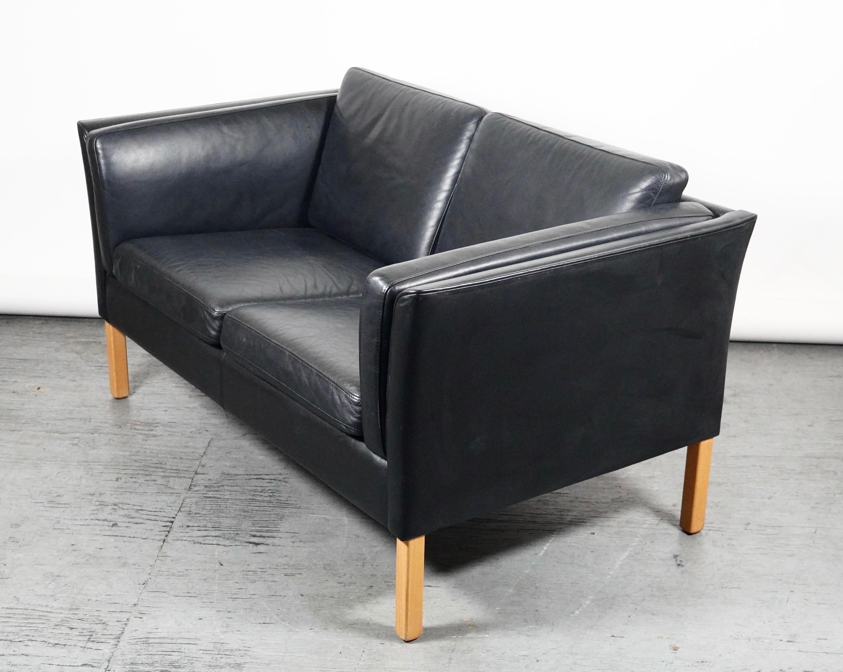 Danish Black Lather Borge Mogensen Style Sofa / Settee by Stouby of Denmark
