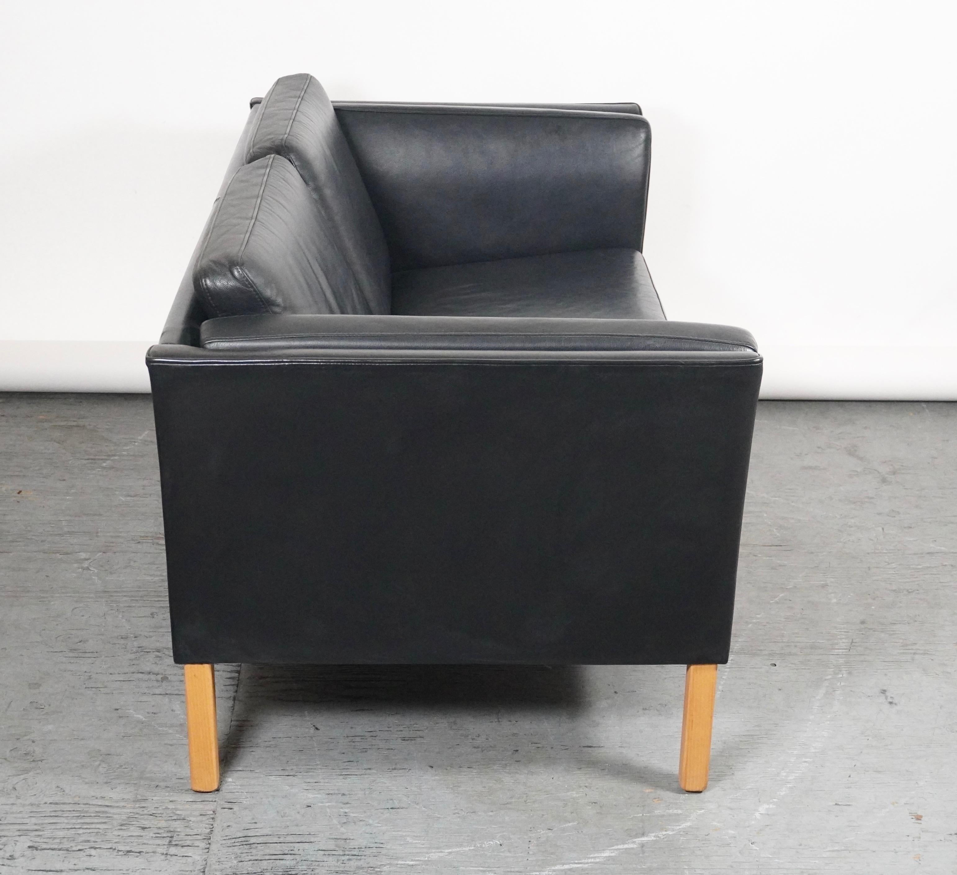 Hand-Crafted Black Lather Borge Mogensen Style Sofa / Settee by Stouby of Denmark