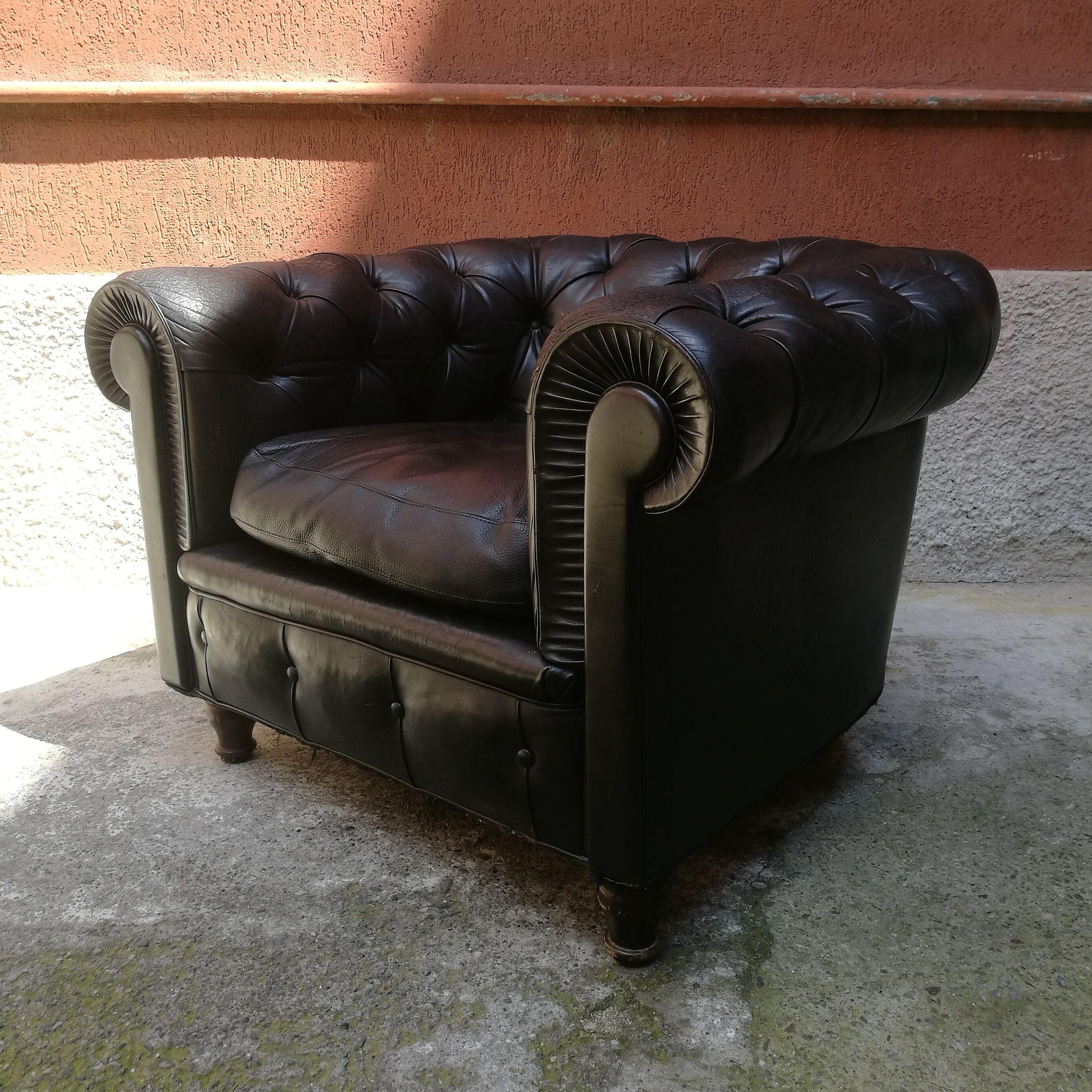Mid-20th Century Black Lather Italian Chester Poltrona Frau Original Armchairs from 1960s