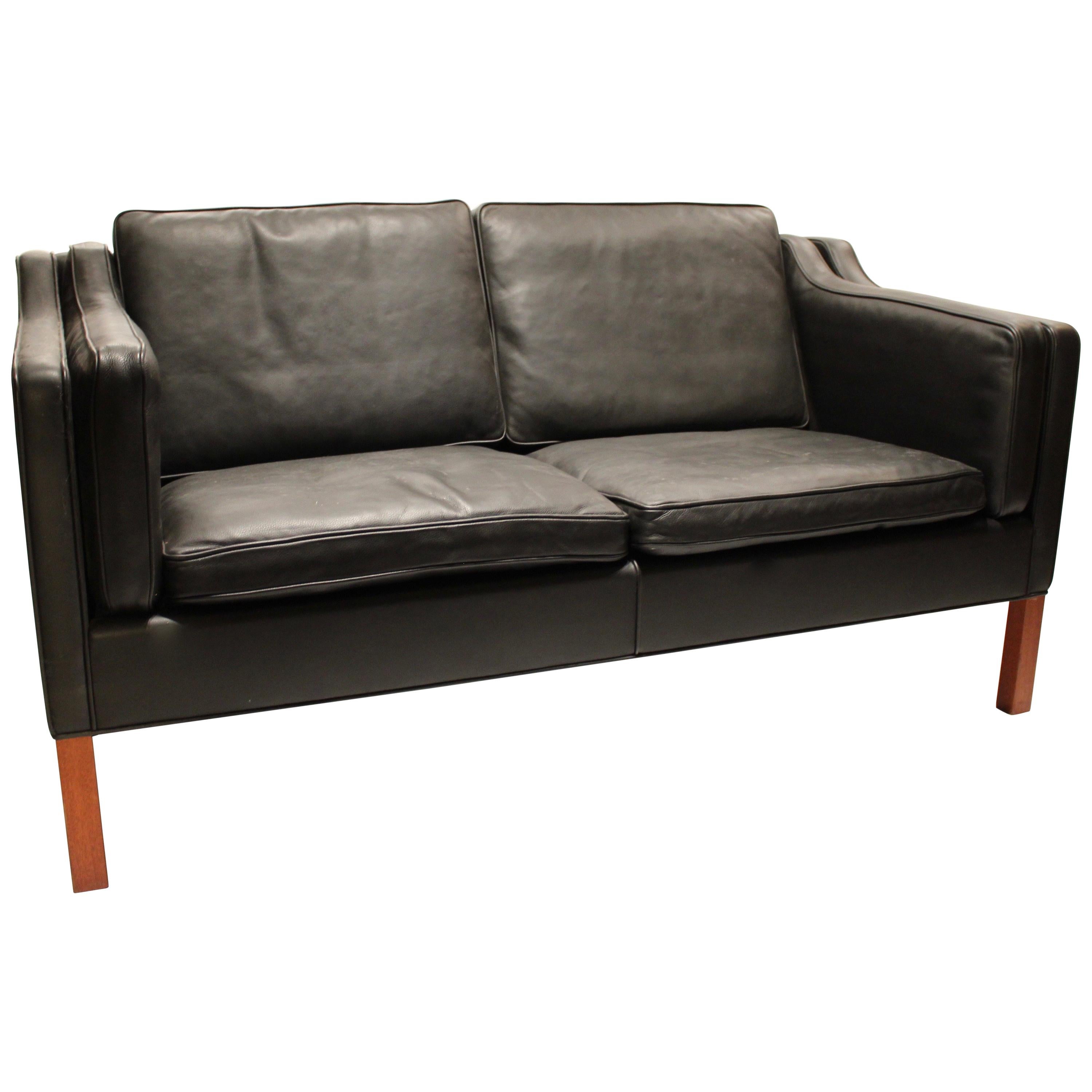 Black Leather 2-Seat Sofa with Legs of Mahogany, Model 2212, by Børge Mogensen