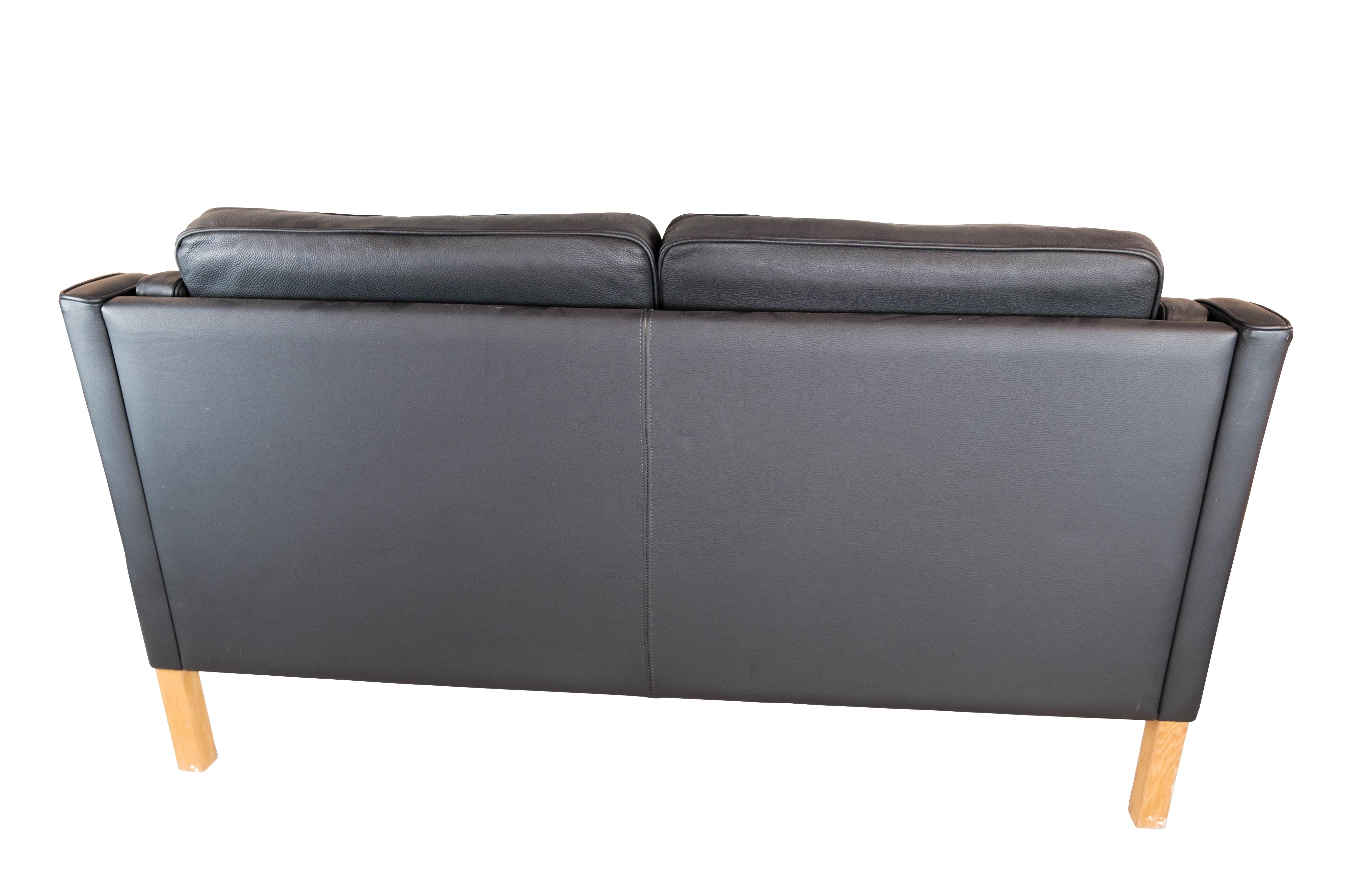 Black Leather 2 Seater Sofa with Legs of Oak, Manufactured by Stouby Furniture 3