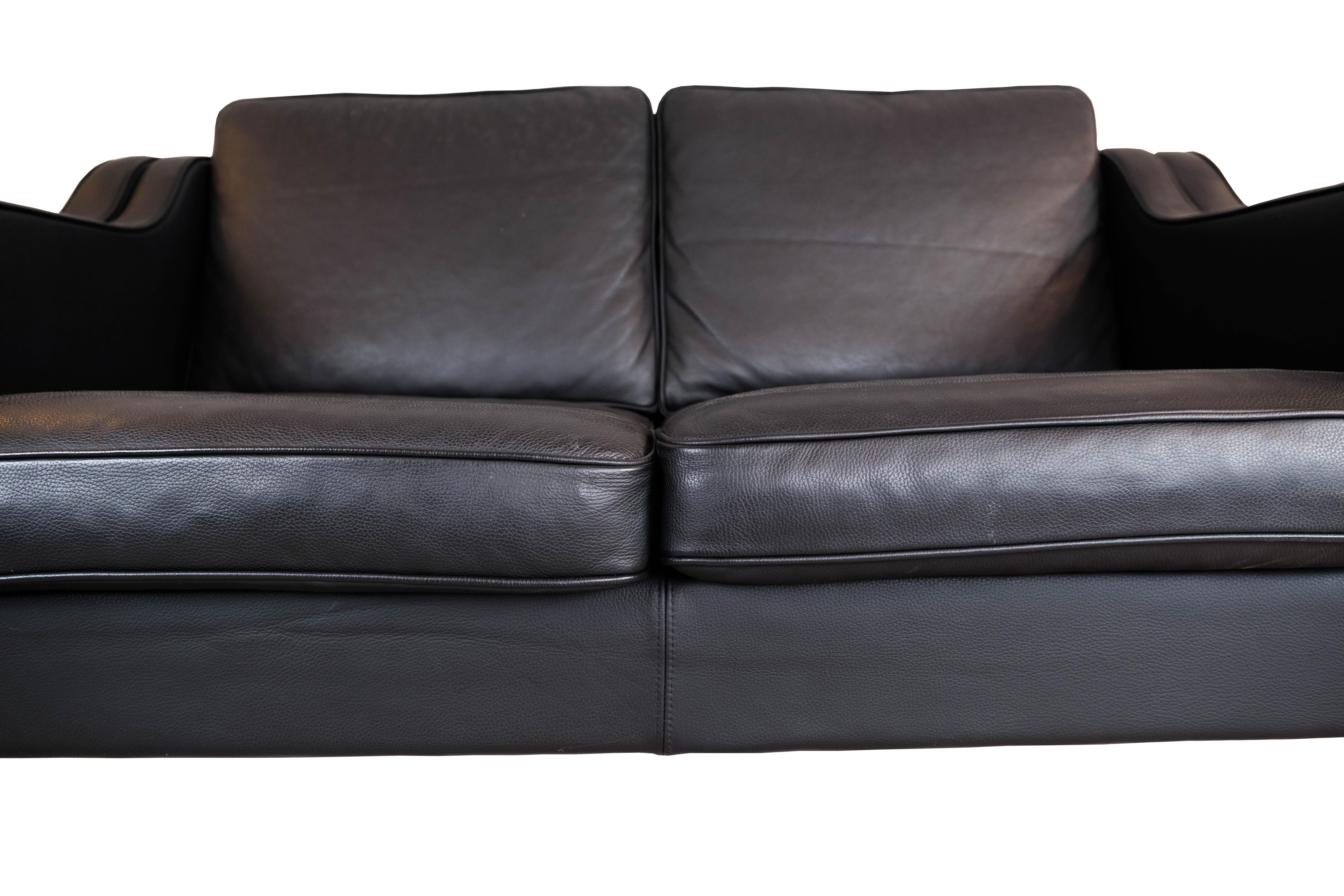 Scandinavian Modern Black Leather 2 Seater Sofa with Legs of Oak, Manufactured by Stouby Furniture