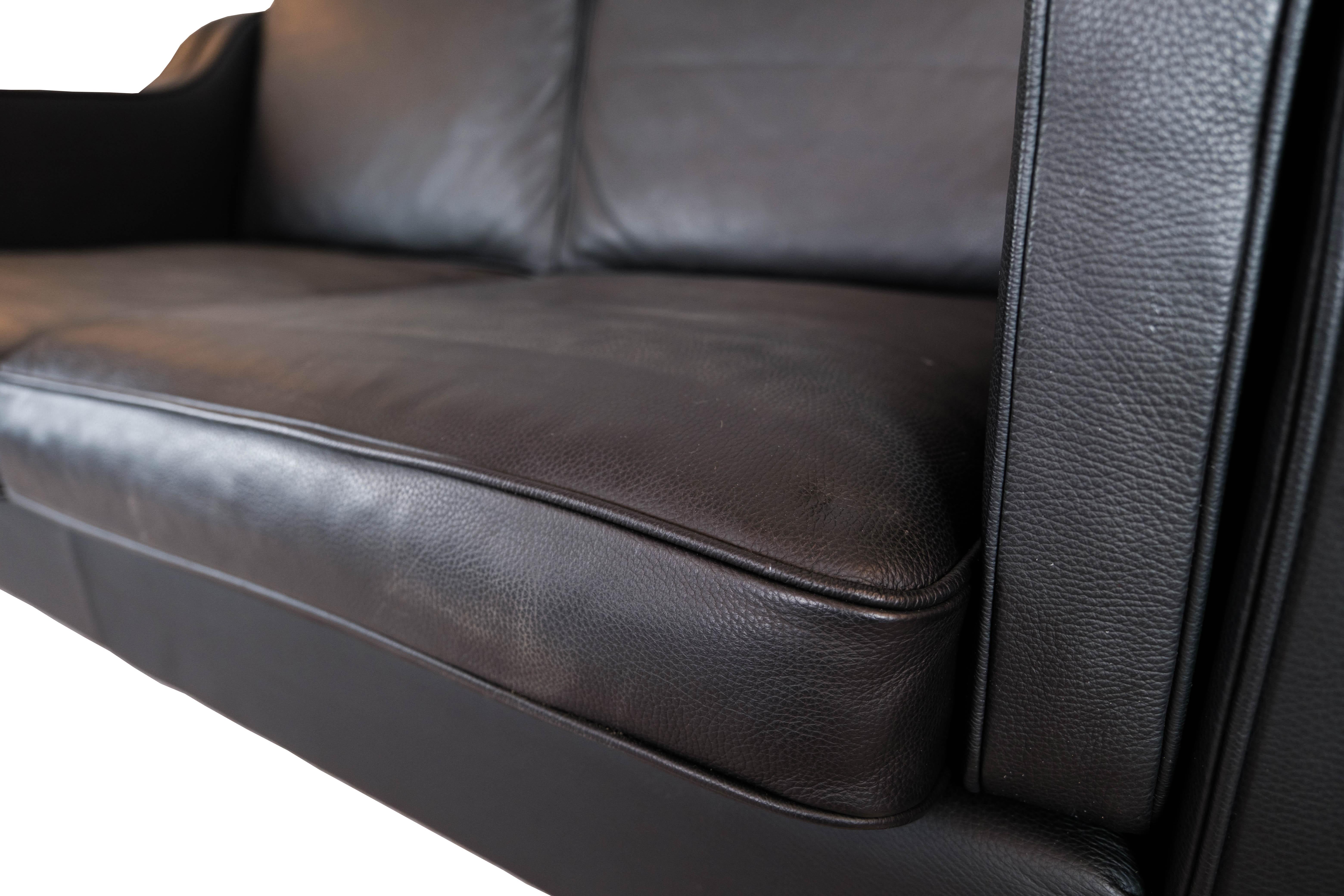 Danish Black Leather 2 Seater Sofa with Legs of Oak, Manufactured by Stouby Furniture