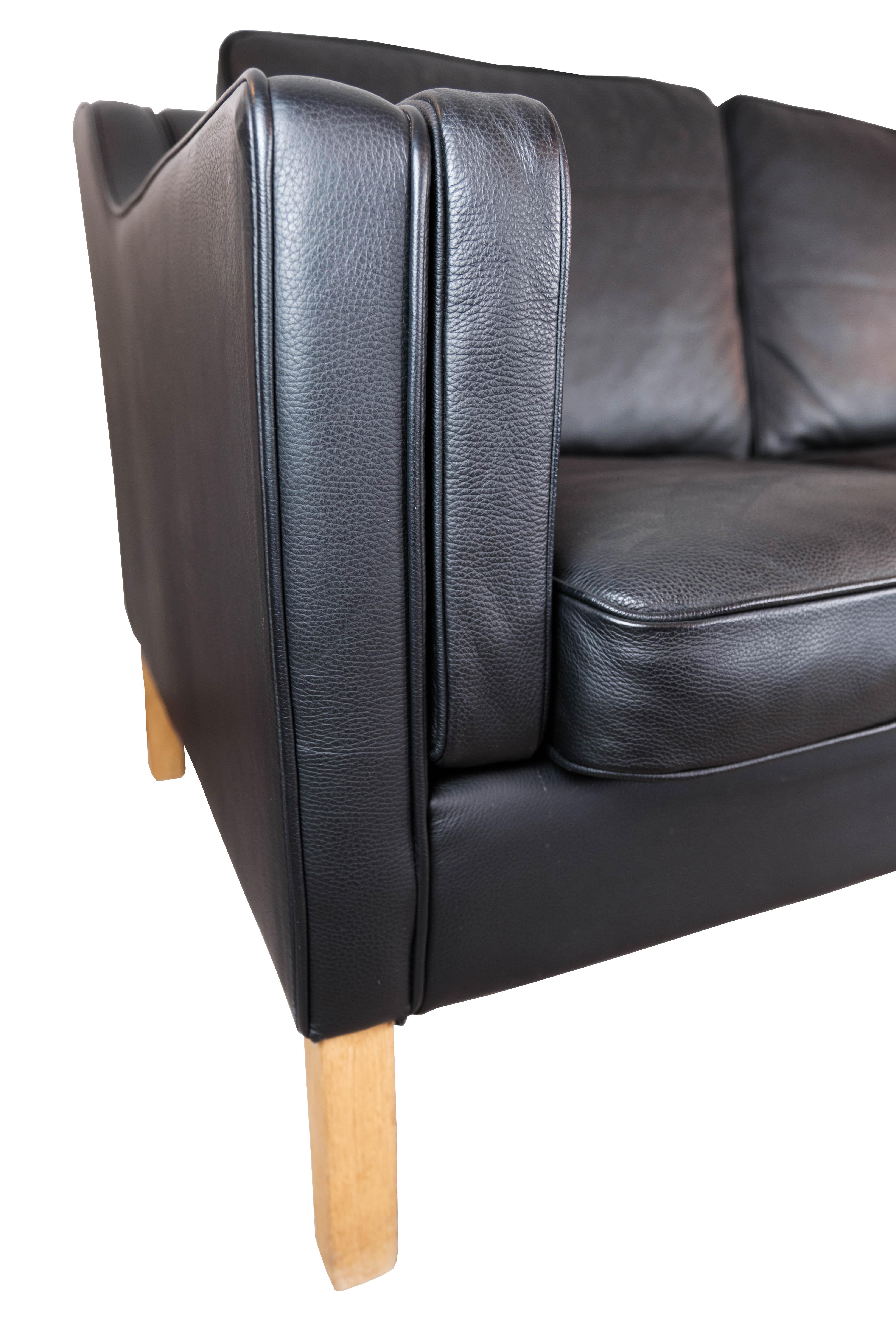 Black Leather 2 Seater Sofa with Legs of Oak, Manufactured by Stouby Furniture In Good Condition In Lejre, DK