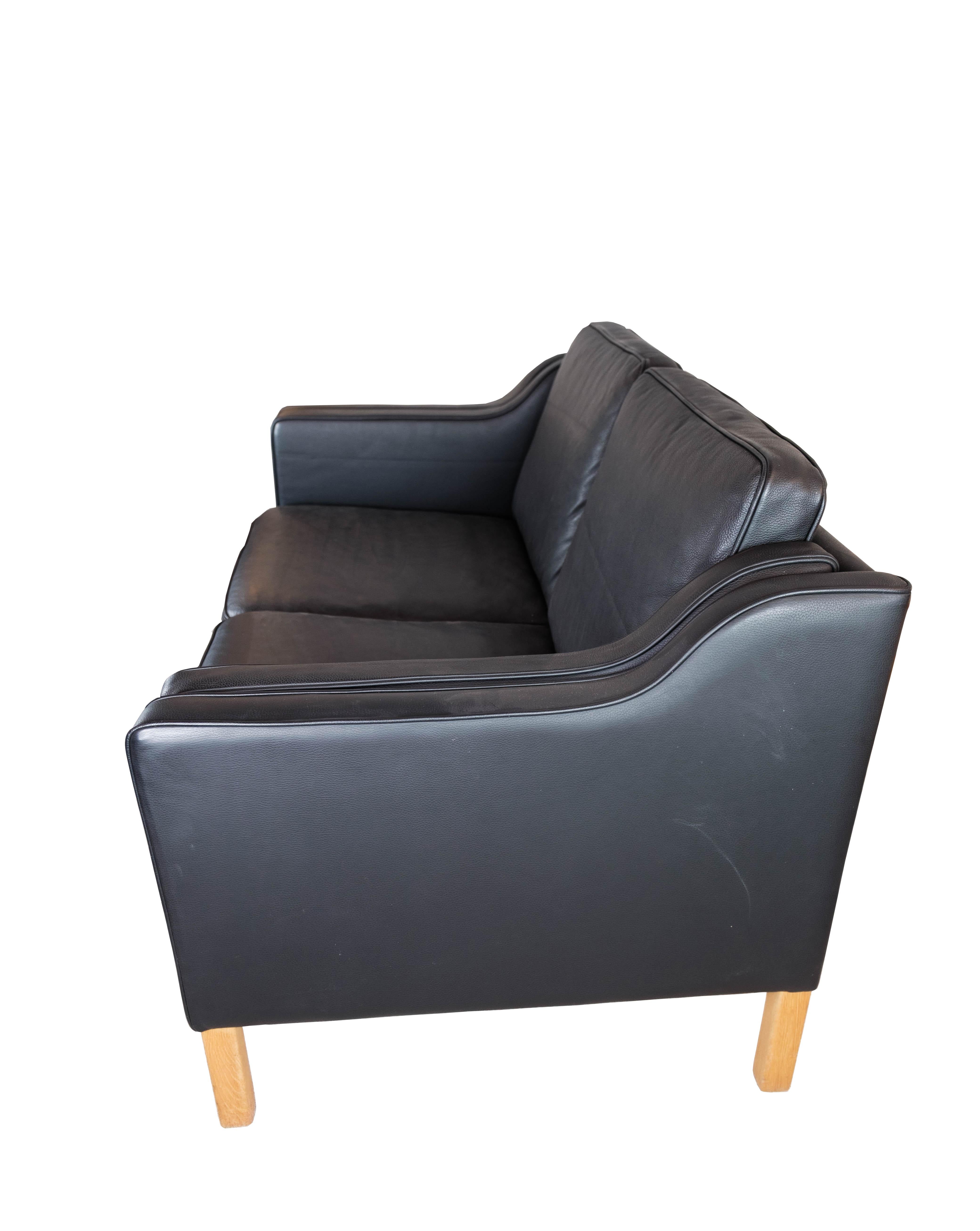 Black Leather 2 Seater Sofa with Legs of Oak, Manufactured by Stouby Furniture 1