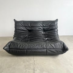 Black Leather 2 Seater Togo Sofa by Ligne Roset, 1980s France