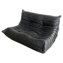 Black Leather 2 Seater Togo Sofa by Ligne Roset, 1980s France