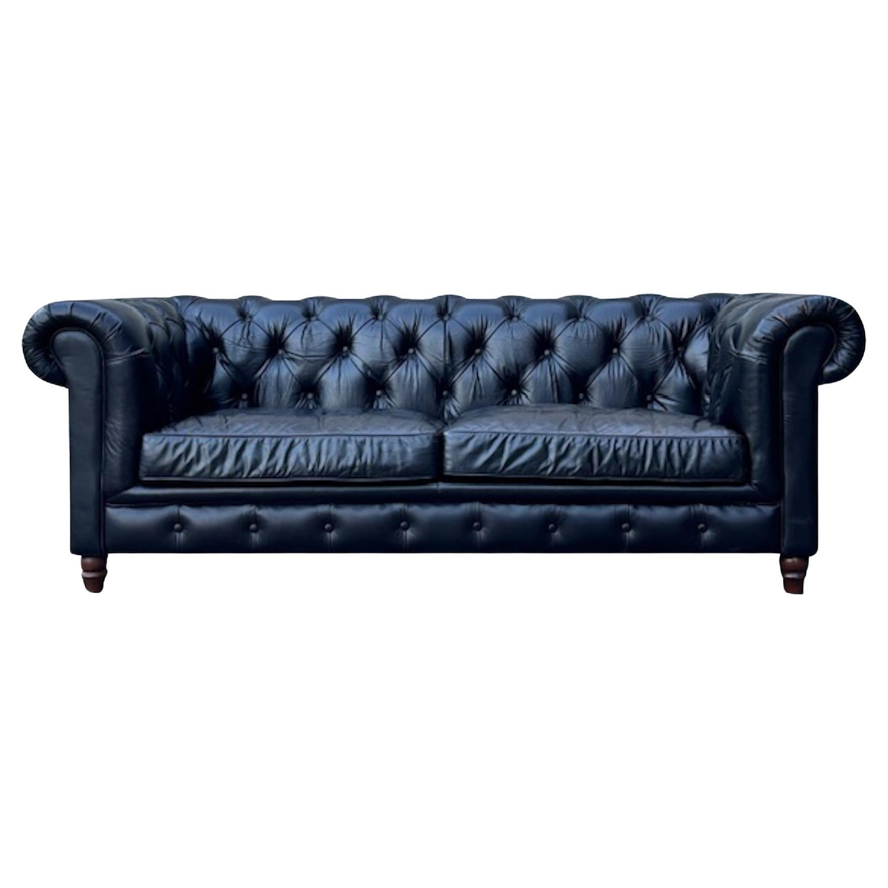Black Leather 3-Seater Chesterfield Sofa