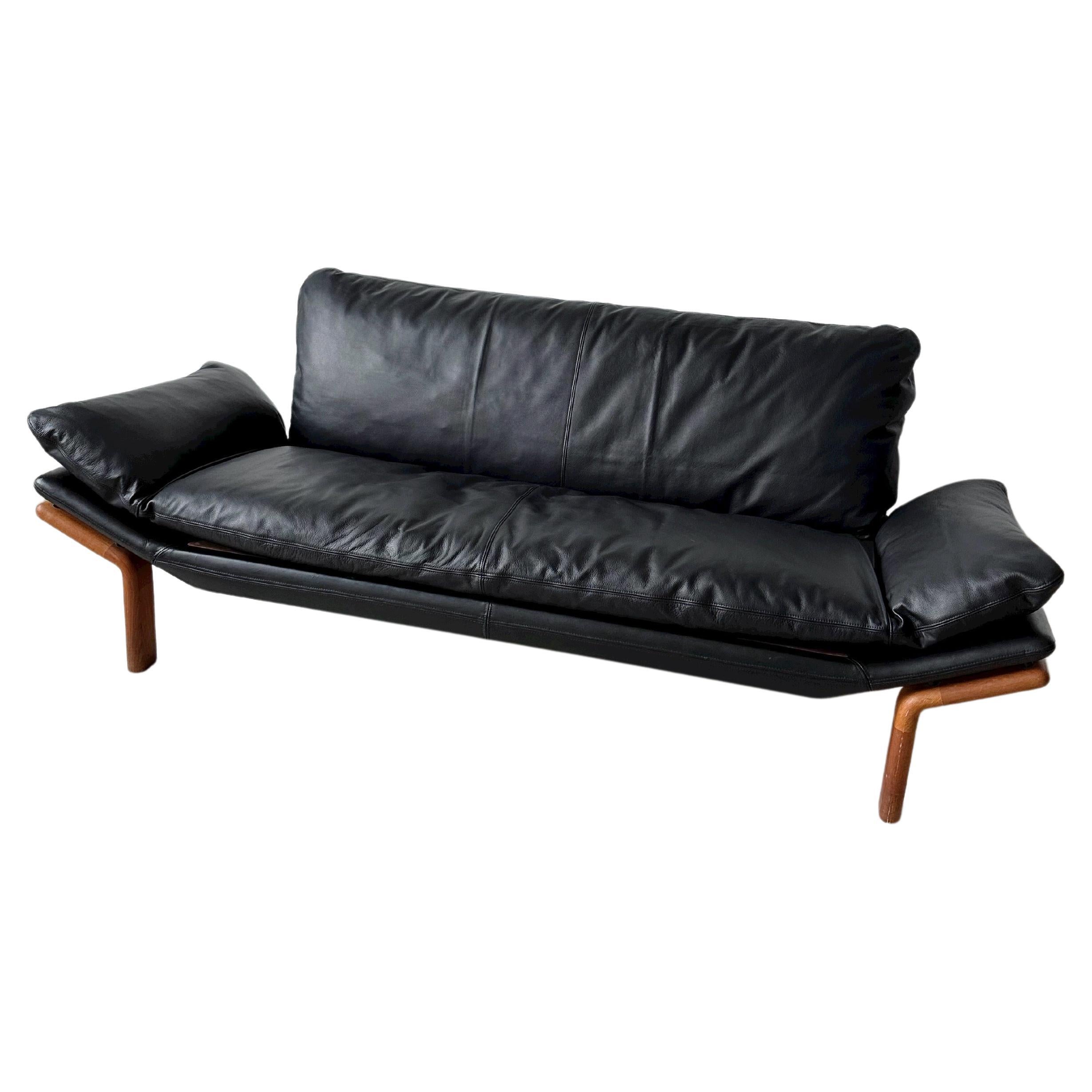 Black Leather 3 Seater Sofa with Solid Teak Frame by Komfort Denmark For Sale