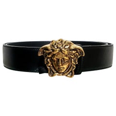 BLACK LEATHER 3D AGED GOLD MEDUSA MEDALLION Belt 115/46
