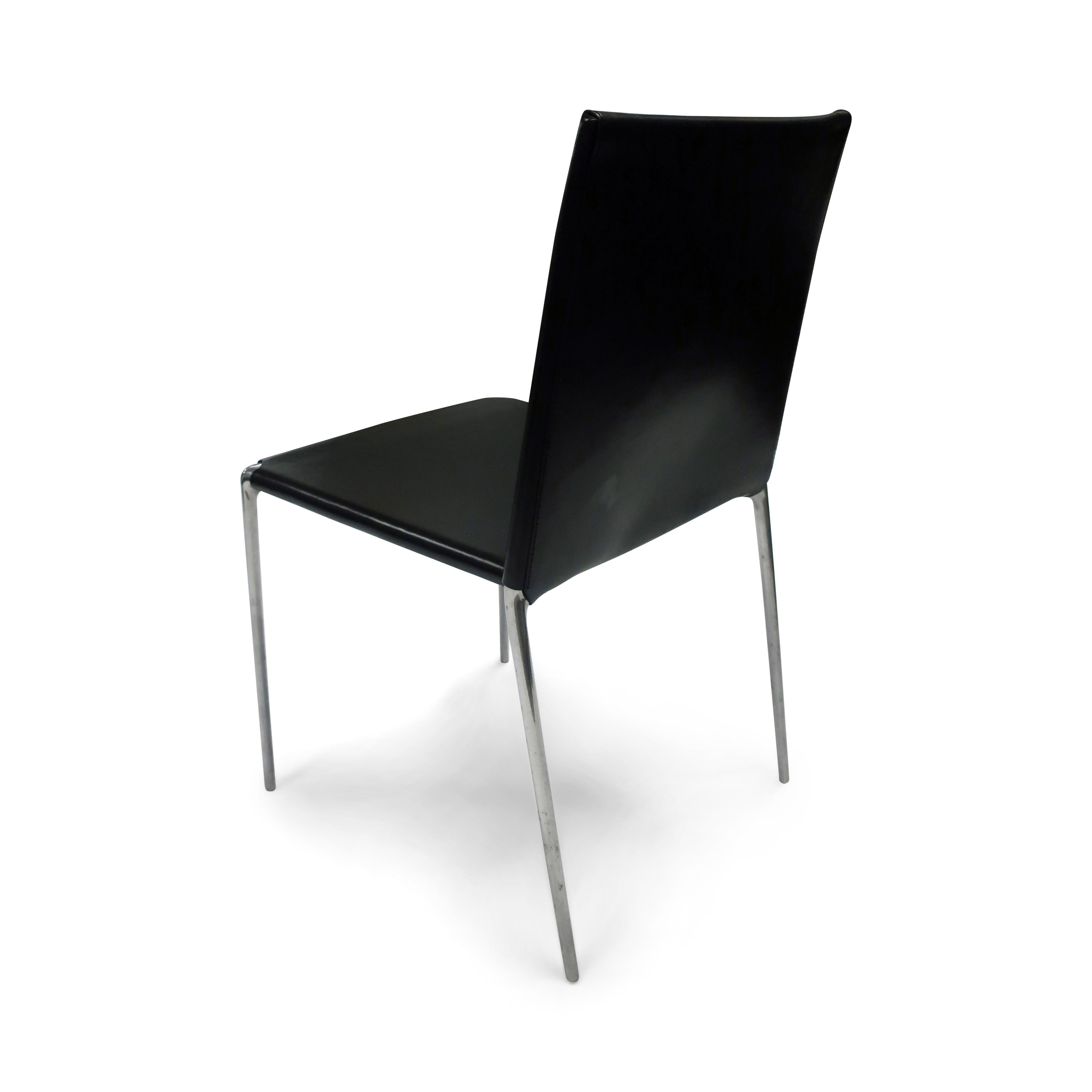 Similar to his classic Lia chair for Zanotta, Roberto Barbieri’s late 1990s-early 2000s design for the Alma chair is perfect in its simplicity: polished aluminum metal frame, black leather seat and back covering, and versatile enough to be used as a