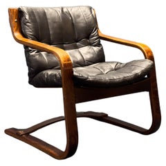 Black Leather and Beech Armchair