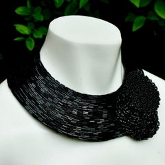 Black Leather and Black Beaded Collar Necklace with Flower Detail