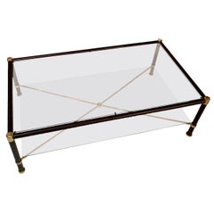 Black Leather and Brass Coffee Table, France, 1970s