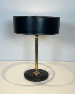 Black Leather and Brass Desk Lamp in the Style of Jacques Adnet, circa 1970
