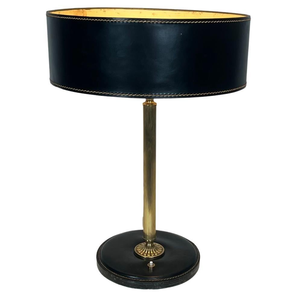 Black Leather and Brass Desk Lamp in the Style of Jacques Adnet, circa 1970