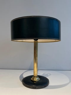 Black Leather and Brass Desk Lamp in the Style of Jacques Adnet