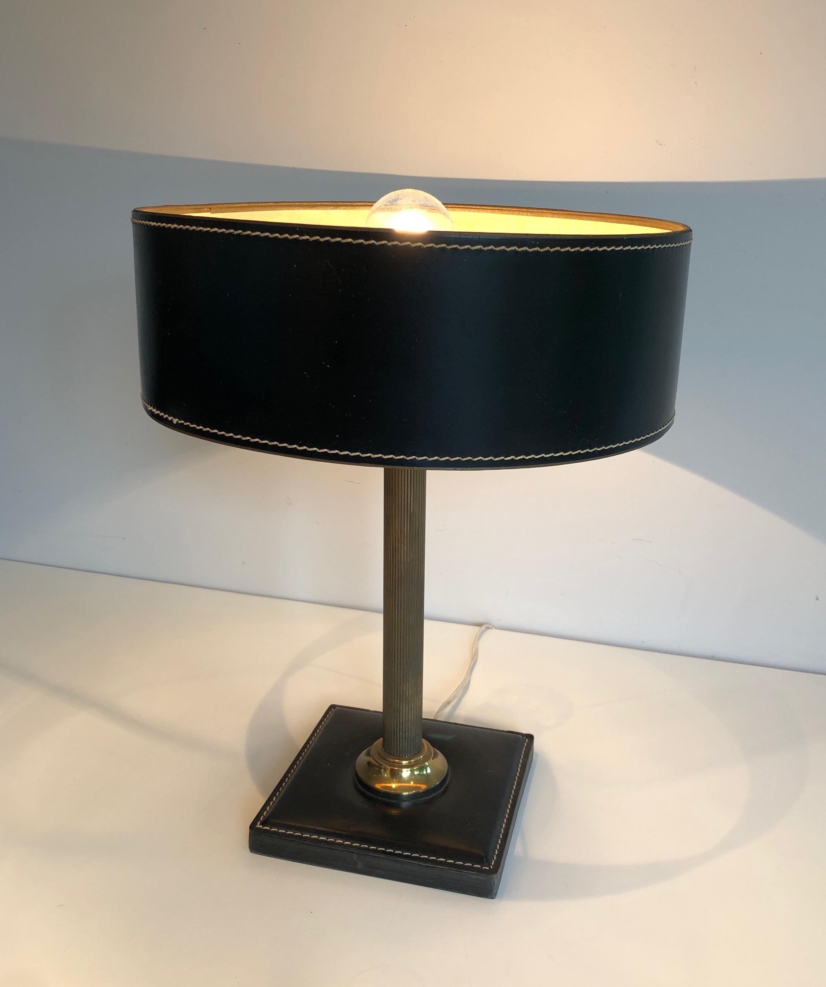 French Black Leather and Brass Desk Lamp in the Style of Jacques Adnet For Sale