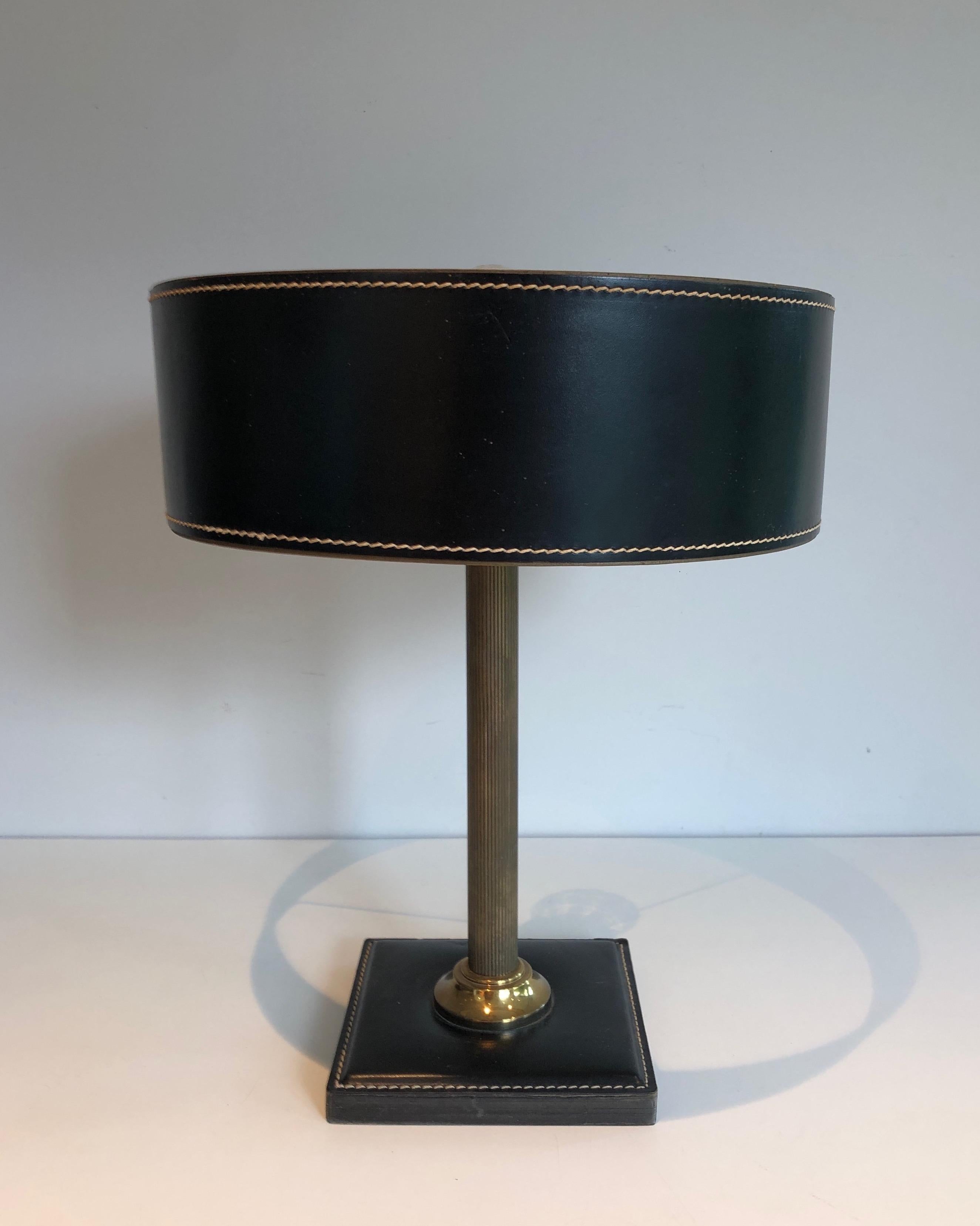 Black Leather and Brass Desk Lamp in the Style of Jacques Adnet For Sale 2