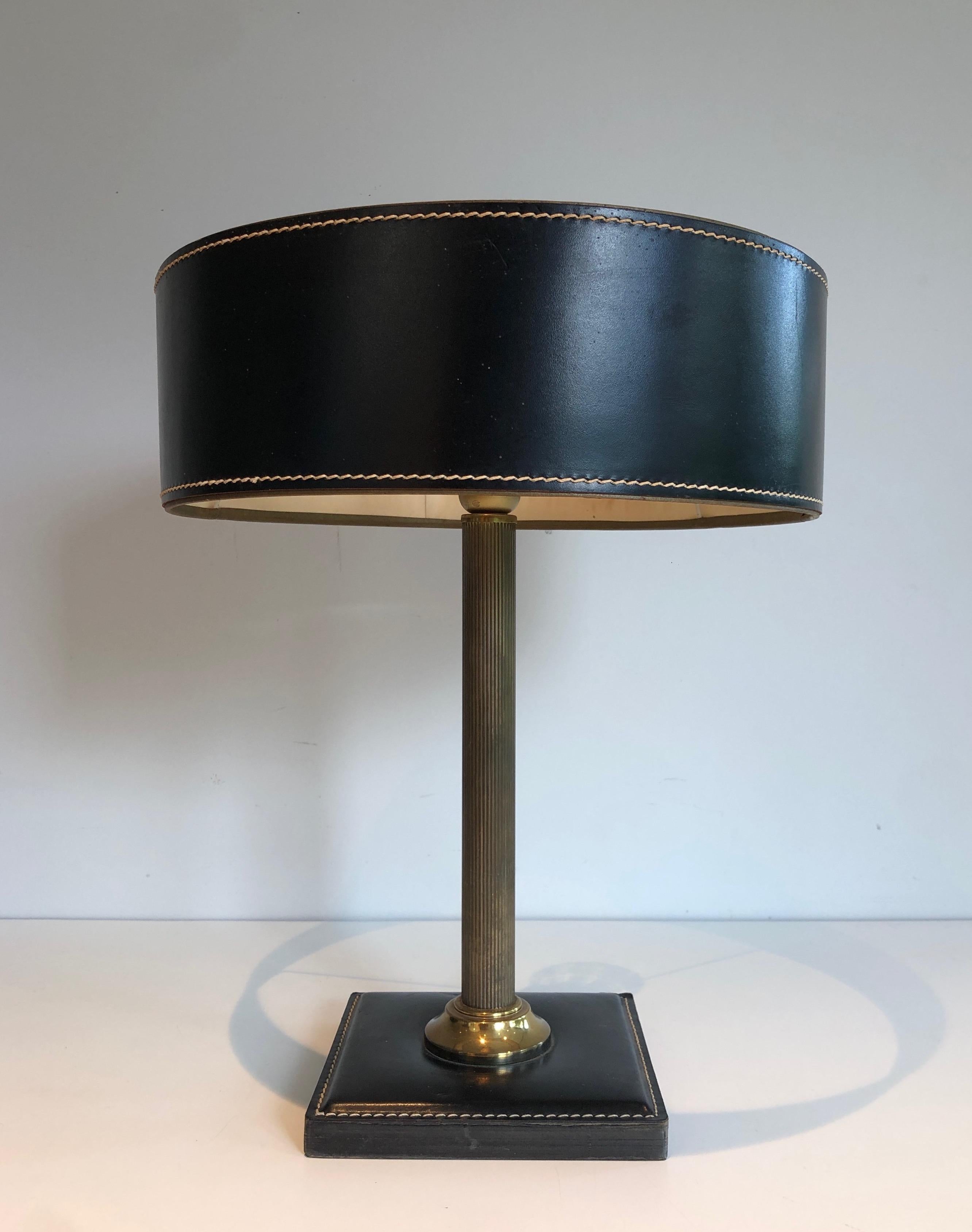 Black Leather and Brass Desk Lamp in the Style of Jacques Adnet For Sale 3